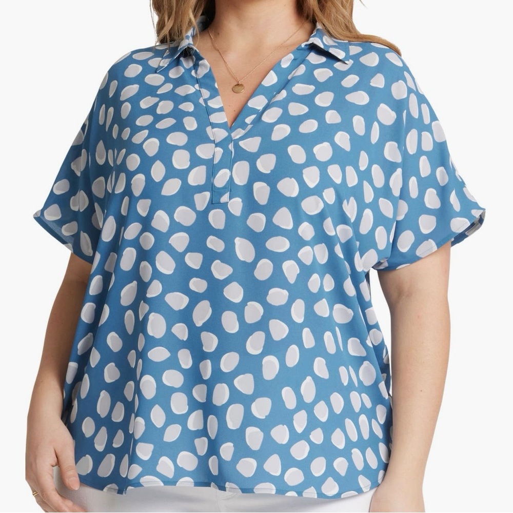 NYDJ Blue Becky Georgette Popover Top Dots 3x